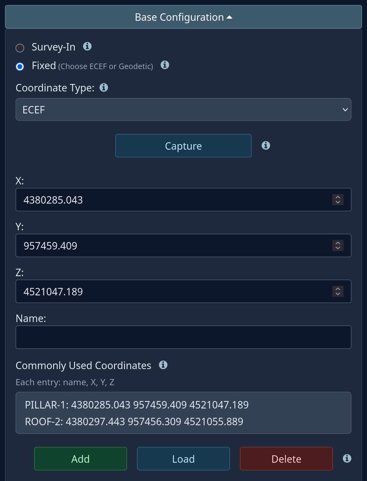 Fixed base, ECEF coordinates