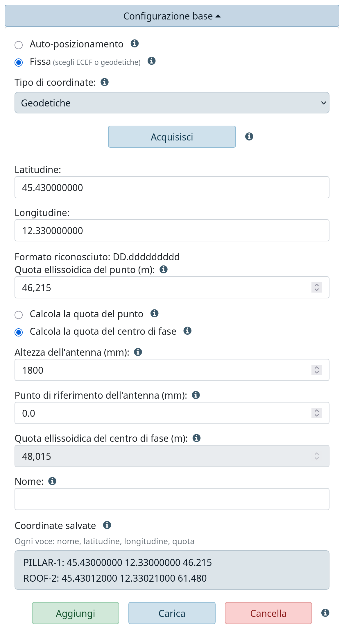 Base fissa, coordinate geodetiche