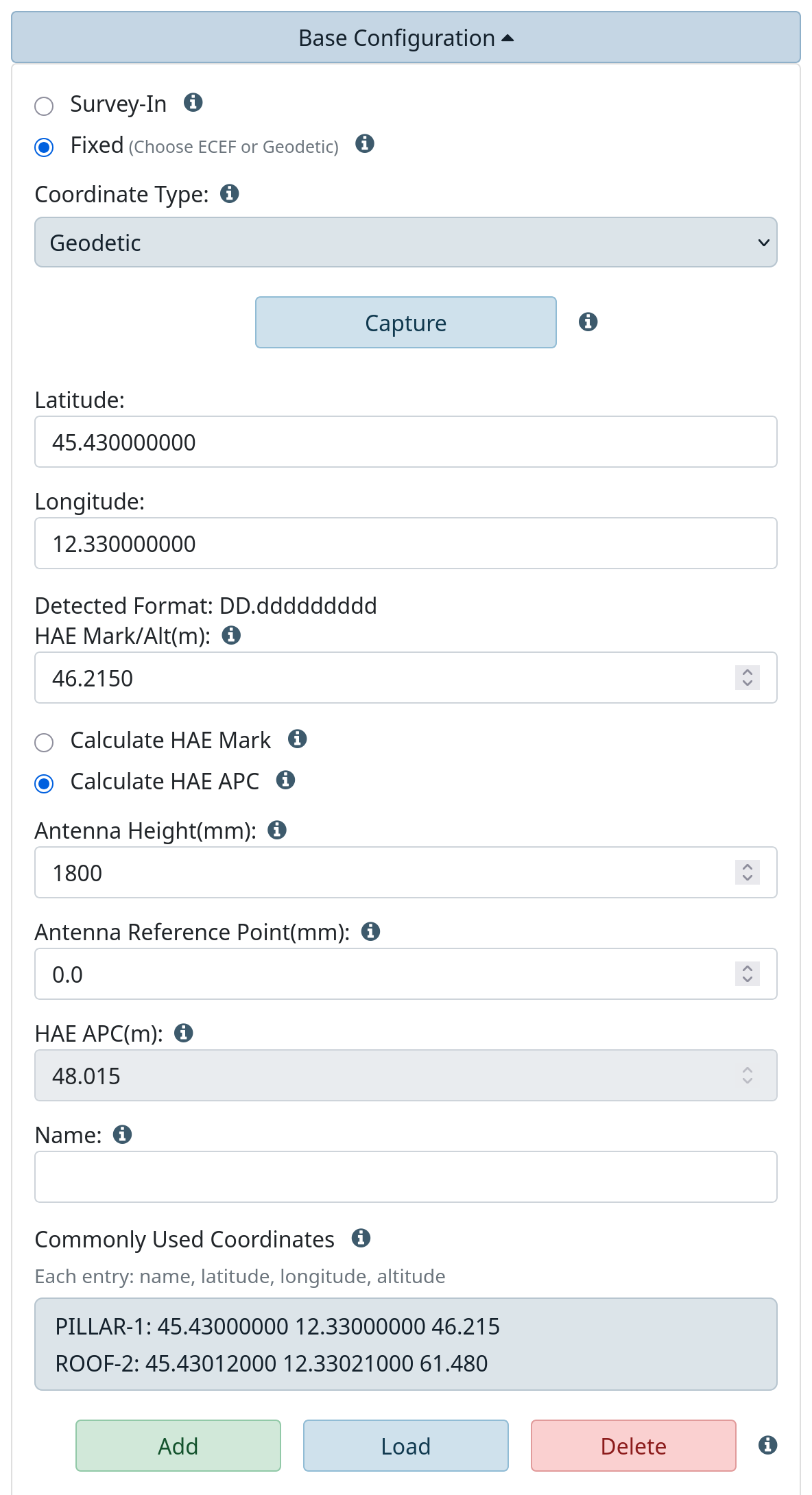 Fixed base, geodetic coordinates