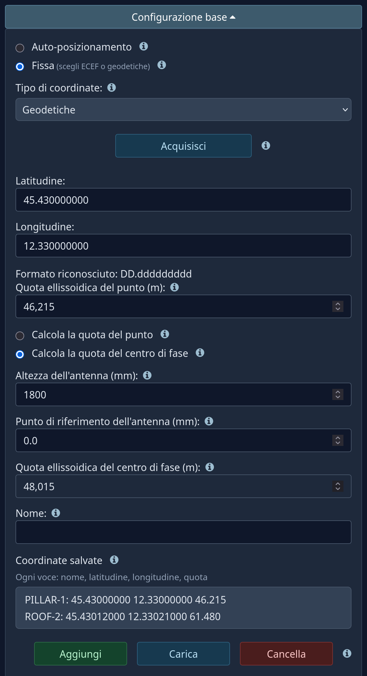Base fissa, coordinate geodetiche