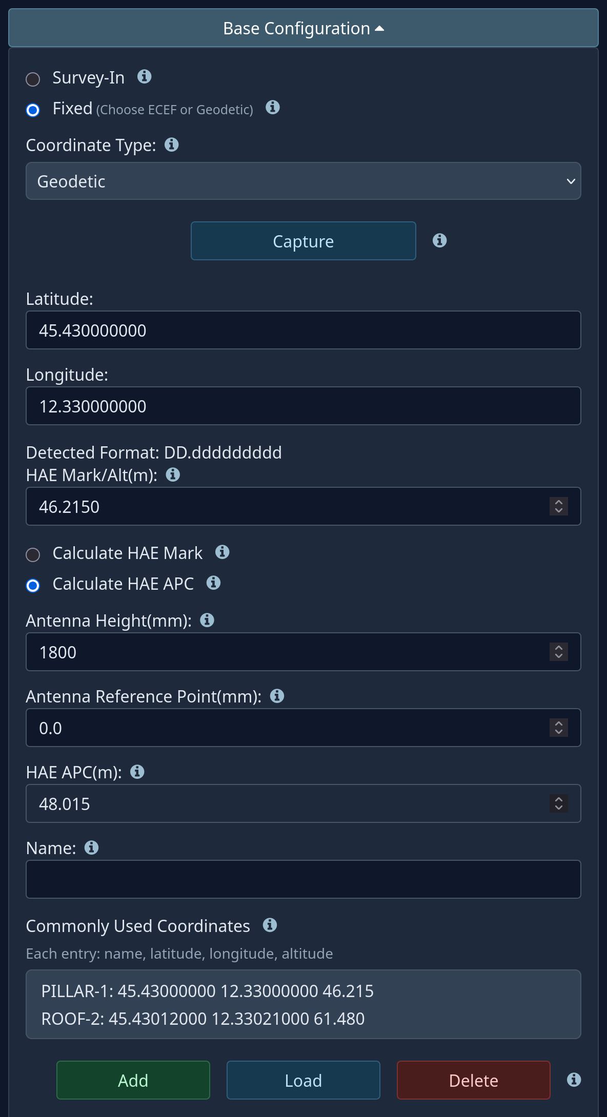 Fixed base, geodetic coordinates